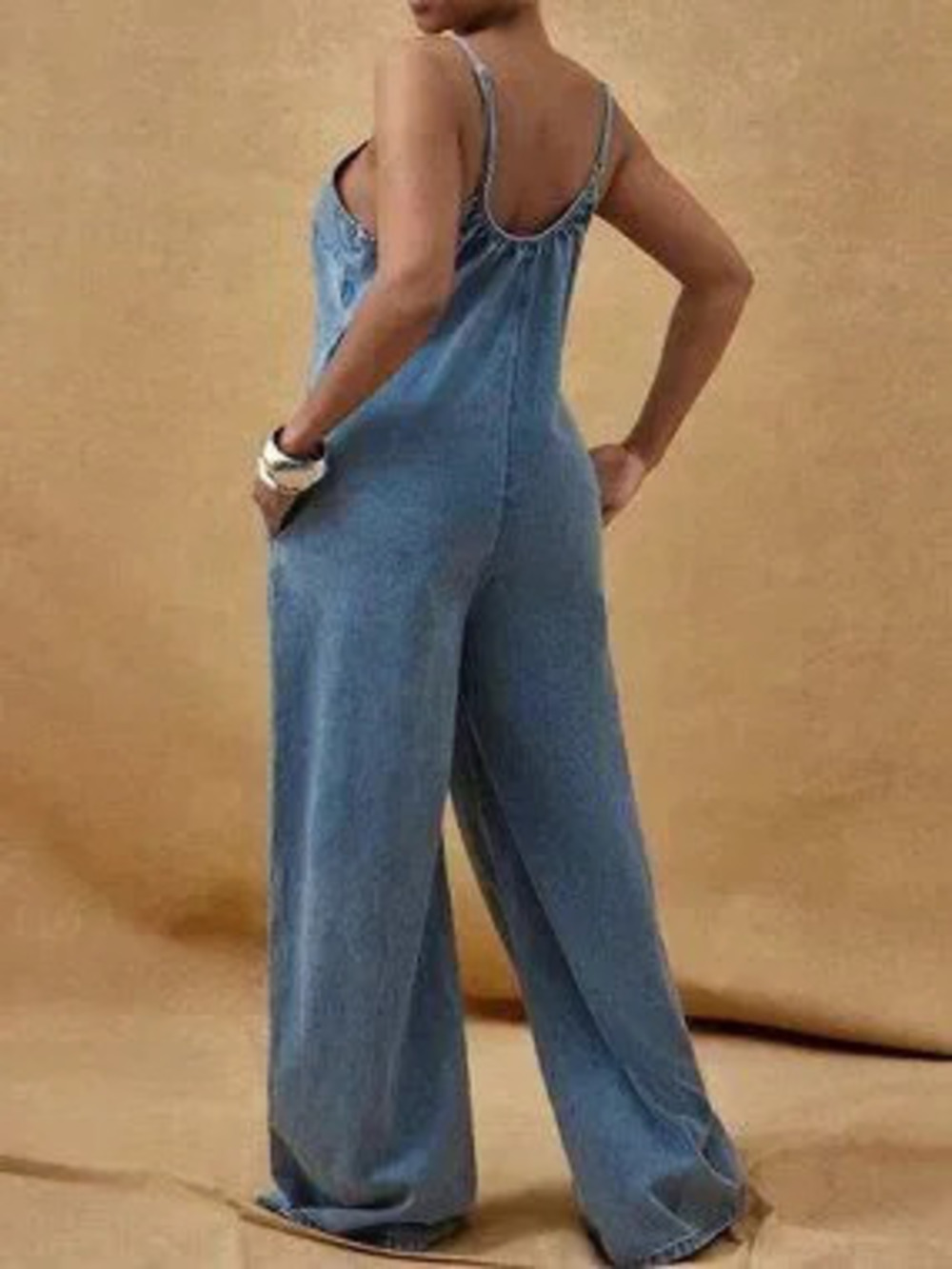 ZARA Medium Wash Casual Women's Chic Cami Strap Wide Leg Denim Jumpsuit